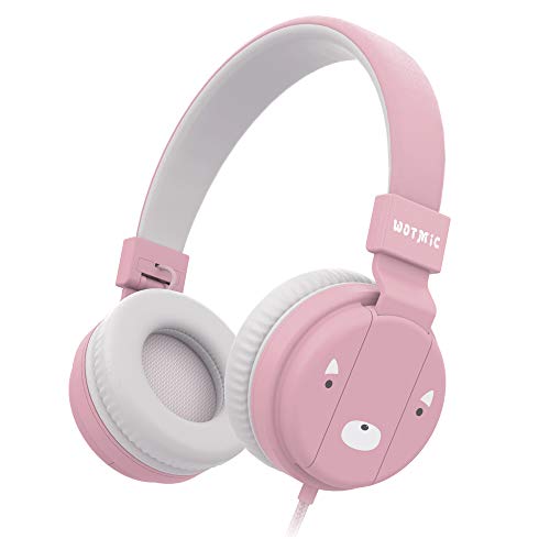 Product Cover Kids Headphones, Wotmic Wired Headset Foldable Children On Ear Headphones with Adjustable Headband, Stereo Sound,3.5mm Jack for iPad Cellphones Airplane School-Pink
