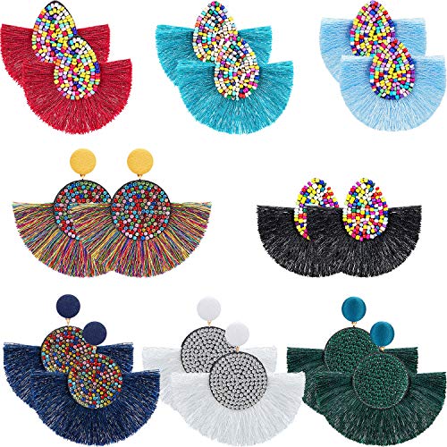 Product Cover Hicarer 8 Pairs Fan Tassel Earrings Bohemian Tassel Hoop Earrings Beaded Fringe Drop Earrings Colorful Rhinestone Dangle Earrings for Women Girls
