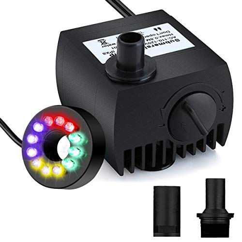 Product Cover Maxesla Submersible Water Pump 80 GPH (300L/H) Mini Electric Fountain Water Pump with 12 LED Light and 2 Nozzles, Quiet Water Pump for Pond/Aquarium/Fish Tank/Statuary with 4.92ft (1.5M) Power Cord