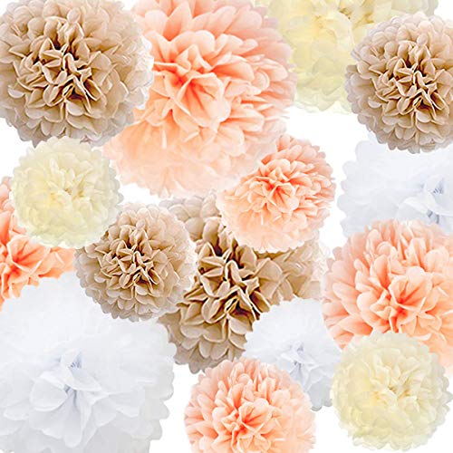 Product Cover Tissue Paper Pom Poms Paper Flower 22 Pcs Champagne, Ivory, White, Peach for Birthday Bachelorette Wedding Baby Shower Bridal Shower Party Decoration