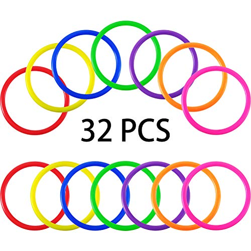 Product Cover Hestya 32 Pieces Plastic Multicolor Small Ring Toss Rings with 3 Inch in Diameter for Speed and Agility Practice Games, Carnival, Garden, Backyard, Outdoor Games, Kids Toss Ring Game