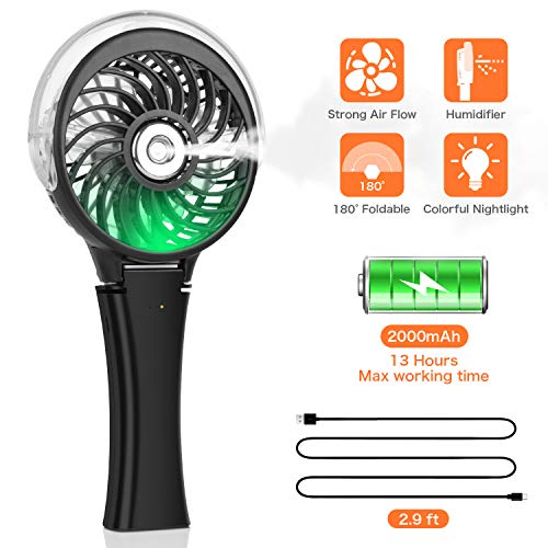 Product Cover Handheld Misting Fan Portable Hand Fan-Mini Rechargeable Battery Operated Fan, Foldable Personal Travel Fan with Cooling Humidifier and Colorful Nightlight for Camping, Office, Outdoor (Black)