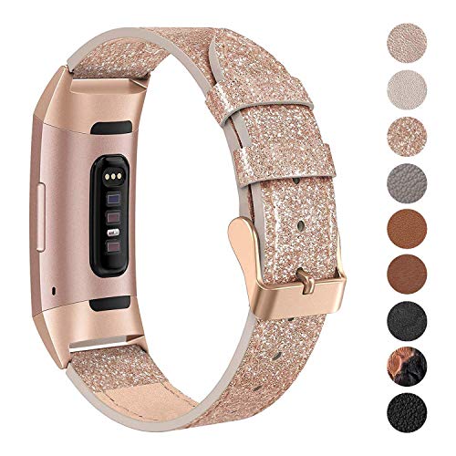 Product Cover SWEES Leather Bands Compatible for Charge 3 & Charge 3 SE Fitness Tracker, Genuine Leather Band Strap Wristband Replacement for Women Men Small Large, Black, Rose Gold, Beige, Brown, Grey, Tan