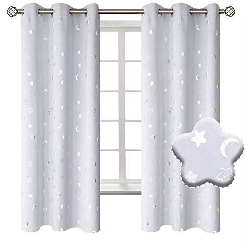 Product Cover BGment Moon and Stars Blackout Curtains for Kids Bedroom, Grommet Thermal Insulated Room Darkening Printed Nursery Curtains, 2 Panels of 42 x 63 Inch, Greyish White