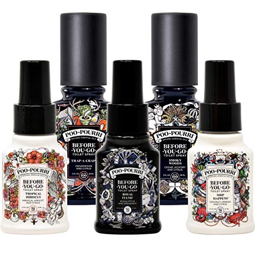 Product Cover Poo-Pourri Set - Includes Trap a Crap 2 Ounce, Smoky Woods 2 Ounce, Tropical Hibiscus 1.4 Ounce, Ship Happens 1.4 Ounce, and Royal Flush 1.4 Ounce