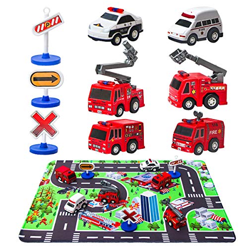 Product Cover Fire Truck Toys with Play Mat, 6 Fire Engines, 3 Road Signs, 14