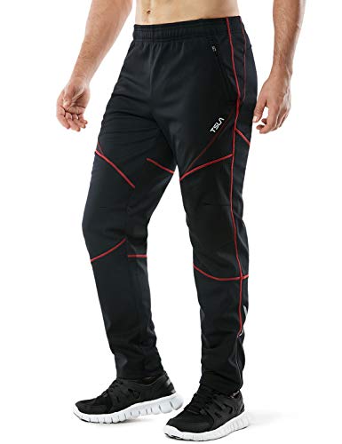 Product Cover TSLA Men's Windproof Cycling Thermal Fleece Winter Pants Running Hiking Cold Active Bottoms Sweats, Cycling Windpants(ykb01) - Black & Red, Medium (Waist 30.5-32 Inch)