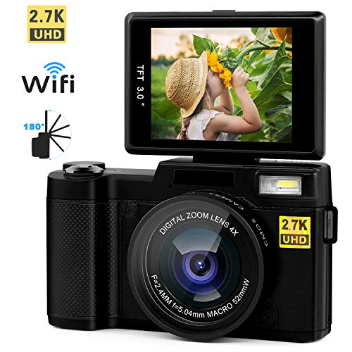 Product Cover Digital Camera Vlogging Camera 24MP Ultra HD 2.7K WiFi YouTube Camera with 3.0 inch LCD Retractrable Flashlight 180 Degree Rotation Flip Screen Camera for Family Gathering/Travel/Selfie (Black)