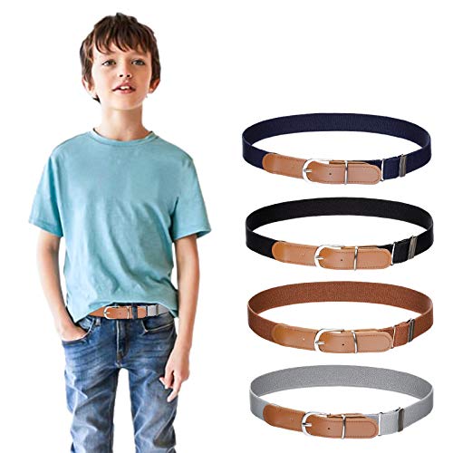 Product Cover Kids Boys Girls Elastic Belt - Stretch Adjustable Belt for Boys and Girls with Leather Loop Belt Pack of 4 By Kajeer (Navy Blue/Gray/Black/Brown, Pant Size 19