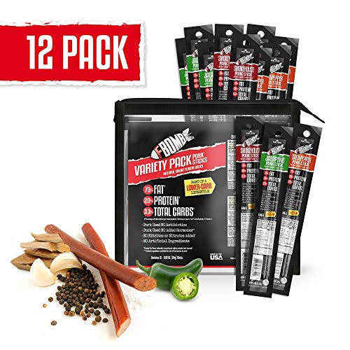 Product Cover FBOMB Keto Meat Sticks - Sugar Free, Healthy Jerky Sticks | 100% Natural, Non-GMO Nitrite Nitrate Free Pork | High Protein, Low Carb, Gluten Free, Paleo, Whole 30, Keto Snack Sticks | Variety 12 Pack