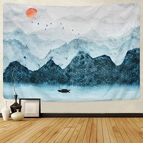 Product Cover Likiyol Foggy Mountain Tapestry Sunset Birds Boat Lake Tapestry Watercolor Nature Landscape Tapestries Wall Hanging for Room (Grey, 51.2 x 59.1 inches)