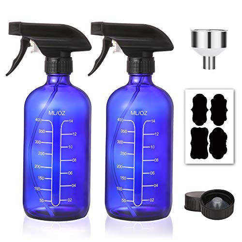 Product Cover 16oz Cobalt Blue Glass Spray Bottles with Measurements - Empty Reusable Refillable Container with Funnel and Labels for Mixing Essential Oils, Homemade Cleaning Products(2 Pack)