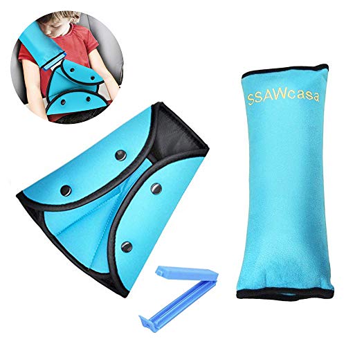 Product Cover Seat Belt Pillow and Adjuster for Kids Travel,Neck Support Headrest Seatbelt Pillow Cover with Clip & Seatbelt Adjuster for Child,Car Seat Strap Protector Cushion Pads for Baby Short People (Blue)
