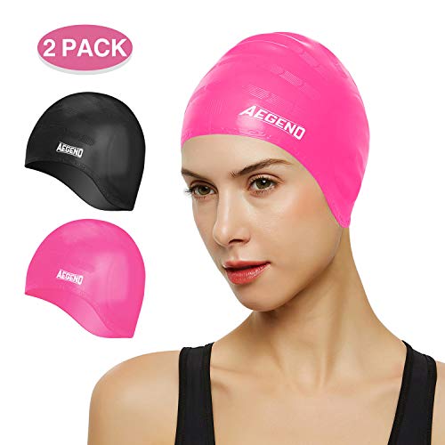 Product Cover aegend Silicone Swim Cap 2 Pack, Durable Swimming Caps with Ear Protection for Adult Men Women Youth, Comfortable Fit for Long Hair & Short Hair, Easy to Put On and Off, Black Pink