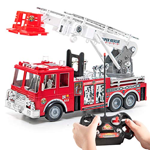 Product Cover Prextex RC Fire Engine Truck Remote Control 13-Inch Rescue Fire Truck with 17-Inch Extendable Ladder and Lights and Sirens Best Gift Toy for Boys