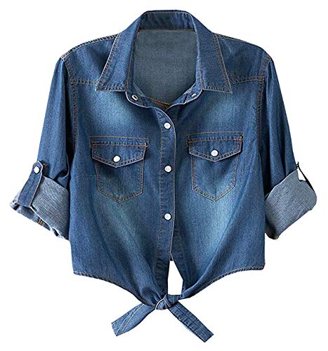 Product Cover Women's Roll Up Sleeves Crop Tie Top Denim Shawl Jeans Shirt Dark Blue, Small=US 4-6