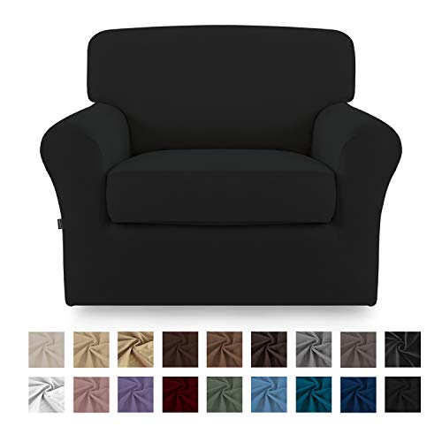 Product Cover Easy-Going 2 Pieces Microfiber Stretch Couch Slipcover - Spandex Soft Fitted Sofa Couch Cover, Washable Furniture Protector with Elastic Bottom for Kids,Pet (Chair,Black)