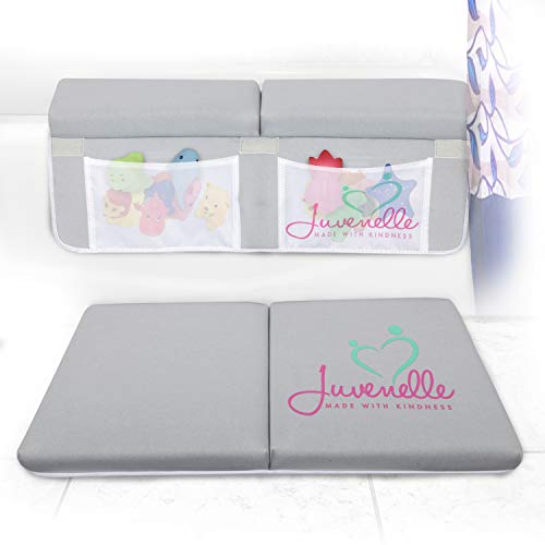 Product Cover  Juvenelle Bath Kneeler and Elbow Rest - Knee Cushioned Kneeling Mat & Arm Support Pad Bathtub Set - Non Slip Bathtime Accessories w/ 4 Double-Stitched Pockets for Shampoo, Soap & Toy Storage (Gray)