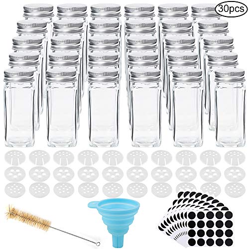 Product Cover CUCUMI 30pcs 4oz Glass Spice Jars Square Glass Bottles with 30pcs Shaker Lids 1pcs Silicone Collapsible Funnel 200pcs Blank Round Waterproof Labels 1pcs Test Tube Brush