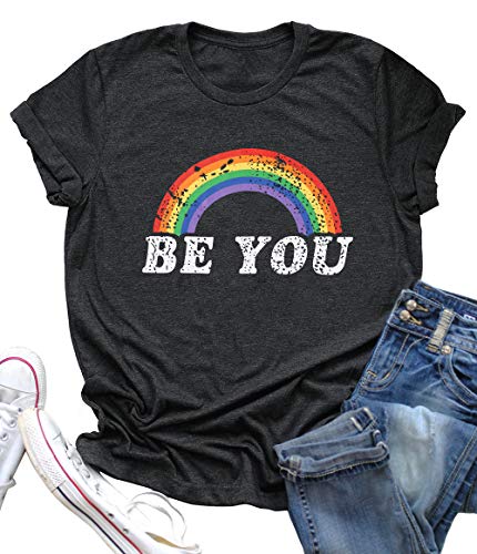 Product Cover BANGELY Be You Gay Pride T Shirt LGBT Rainbow Tees for Women Summer Casual Vacation Shirts Letter Print Short Sleeve Lesbian Tops Size L (Grey)