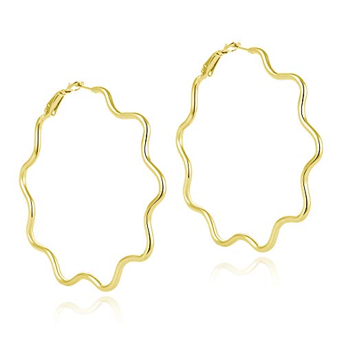 Product Cover Cereza wave hoop earrings Stainless Steel Simple Irregular Hoop Earrings For Women Girls (FLW-Gold)