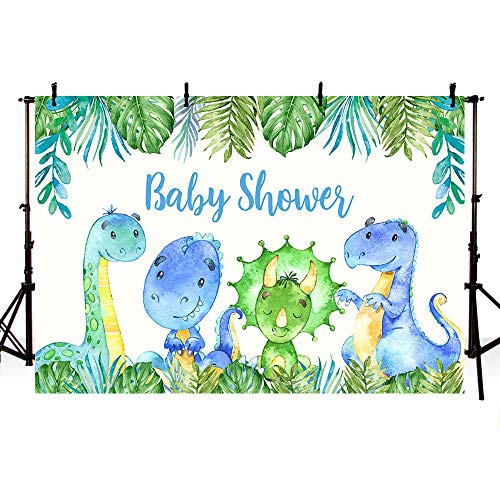 Product Cover MEHOFOTO Dinosaurs Boy Baby Shower Photo Studio Background Safari Jungle Wild Green Palm Leaves It's A boy Party Decoration Banner Backdrop for Photography 7x5ft