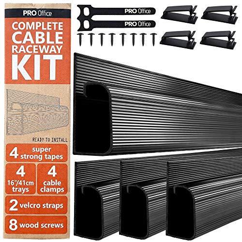 Product Cover J Channel Cable Raceway Kit - Computer Desk Cable Management System - 4x16'' Black Under Table Cable Management Trays for Office and Home
