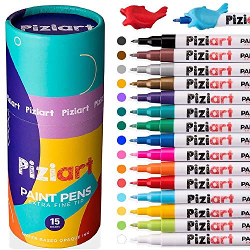 Product Cover PIZIART paint pens  for Rocks, Stone, Ceramic, Wood, Canvas. Set of 15 acrylic Paint Markers Extra - fine tip, multi-surface,non toxic,Crafts, DIY