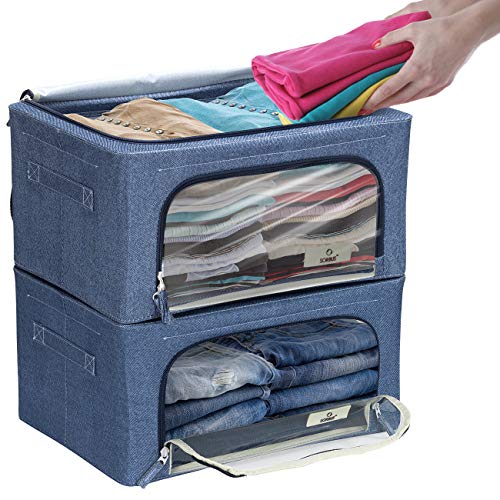Product Cover Sorbus Storage Bins Boxes, Foldable Stackable Container Organizer Basket Set with Large Clear Window & Carry Handles, for Bedding, Linen, Clothes (Small, Blue, 2-Pack)