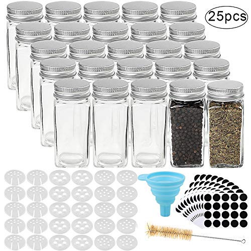 Product Cover CUCUMI 25pcs 4oz Glass Spice Jars Square Glass Spice Jars with 30pcs Shaker Lids 1pcs Silicone Collapsible Funnel 200pcs Blank Round Waterproof Labels 1pcs Test Tube Brush