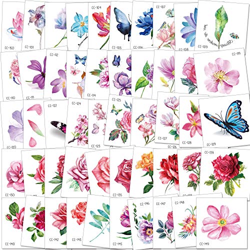 Product Cover Konsait 50Sheet Flower Temporary Tattoos for Women Teens Girls, Tiny Temporary Tattoo Adult Waterproof Body Art Sticker Hand Neck Wrist, include Flower Butterfly Leaf Lotus Cherry Blossoms Tattoo