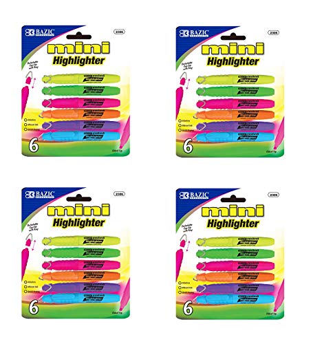 Product Cover Bazic - Mini Highlighter with Cap Clip, 6 Different Colors per Pack, Sold as 4 Pack
