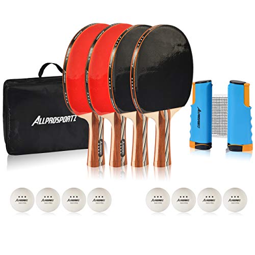 Product Cover Allprosportz Ping Pong Paddle Set of 4 - Premium Table Tennis Racket Bundle Includes Paddles, 3-Star Ping Pong Balls, Ping Pong Net, and Portable Storage Bag Case