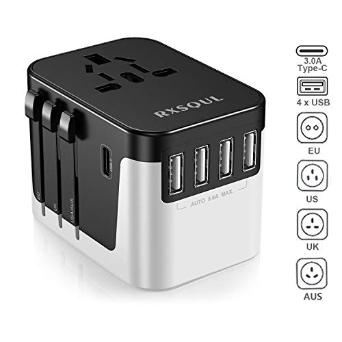 Product Cover RXSQUL International Power Adapter, Universal Power Travel Adapter, W/5.6A 4USB+3.0A Type C, European Plug Adapter Converter,USB Wall Charger for Europe Canada UK US AUS Cell Phone (Black+White)
