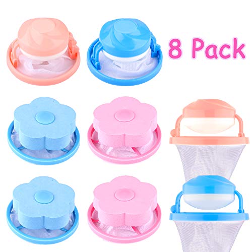 Product Cover Whaline 8 Pcs Washing Machine Lint Filter Bag, Floating Pet Hair Lint Mesh Remover, Household Reusable Hair Catcher, Lint Traps Laundry Blue and Pink (4 Styles)