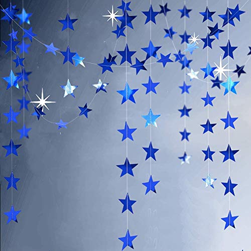 Product Cover Decor365 Reflective Blue Star Garlands Streamer/Bunting/Backdrop Party Decoration Stars Hanging Decor for Frozen Birthday/Blue Silver Wedding/Engagement/Royal Baby Shower/Kids Room/Home Decorations