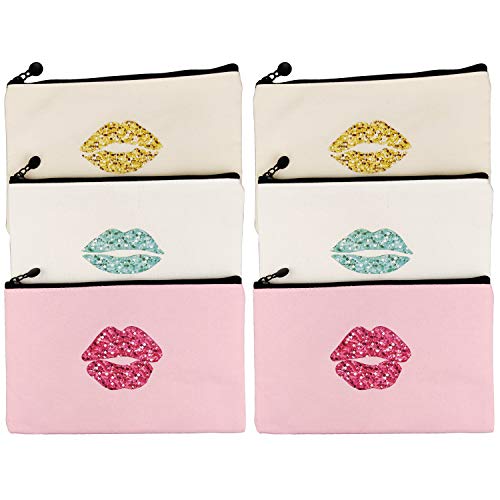 Product Cover Lips Pattern Makeup Cosmetic Travel Pouches Toiletry Bag Cases with Zipper for Women and Girls, 3 Colors, 6 Pieces