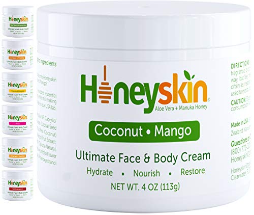 Product Cover Organic Face and Body Cream Moisturizer - with Raw Manuka Honey, Shea Butter and Aloe Vera - Eczema, Acne, Redness and Dry Skin Treatment - Anti Aging and Wrinkles - Natural Coconut Mango Scent (4oz)