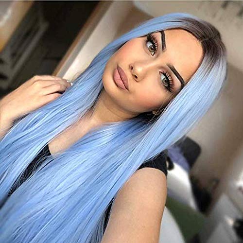 Product Cover Silver Blue Wig Pastel Straight Long Wigs Ombre Synthetic Wig with Dark Roots Middle Parting Colored Halloween Cosplay Full Head Wigs (Light Blue/26inch)