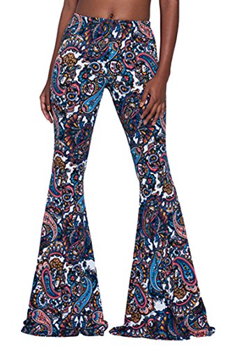 Product Cover Pink Wind Women's Bell Bottom Pants High Waist Flare Boho Print Maxi Trousers