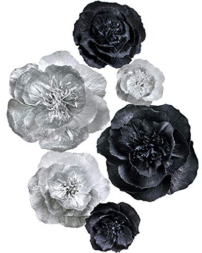 Product Cover Letjolt Black Paper Flower Decorations for Spring Party Backdrop Easter Sunday Decor Wedding Ornaments Birthday Baby Shower Bridal Shower Nursery Wall(Silver Black Set 6)