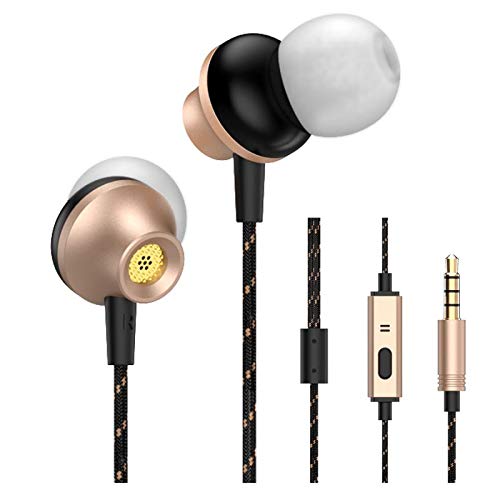 Product Cover LEZII Wired Earbuds Headphones, Fullmetal Earphones, 3.6 Feet Long Fabric Cord, Nylon Cord, in-Ear, Stereo Bass, Microphone Call Controller, Next/Previous Song, Sport Running for iPhone Android Gold