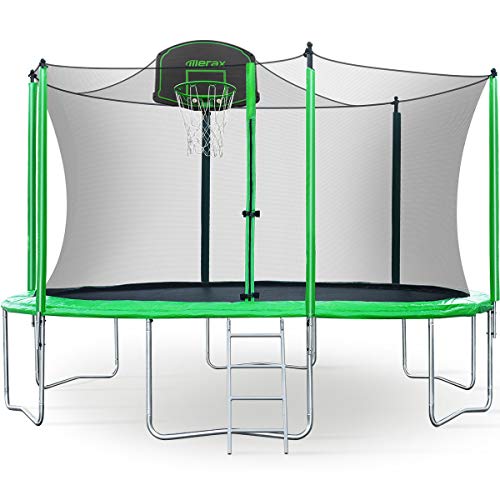 Product Cover Merax 12FT Trampoline with Safety Enclosure Net, Basketball Hoop and Ladder, Trampoline for Kids (Green 12FT)