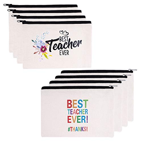 Product Cover Teacher Gifts, 8 Pieces Makeup Pouch Cosmetic Bag Travel Toiletry Case Pencil Bag with Zipper for Teacher Appreciation Gift Bulk, Best Teacher Ever