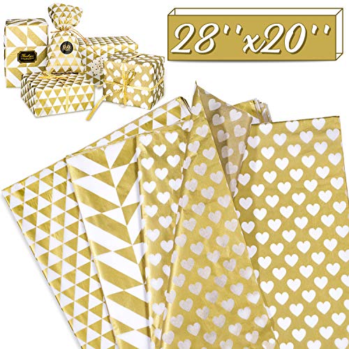 Product Cover Whaline 28'' x 20'' Holiday Metallic Gold Tissue Papers, Large Folded Gift Wrapping Paper Valentine's Christmas Decoration Heart Triangle Square Patterns (60 Sheets)