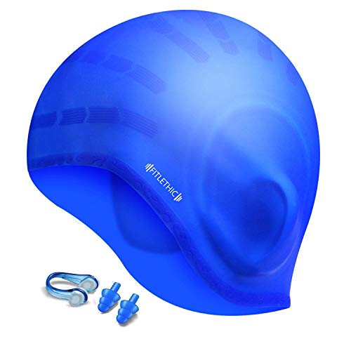 Product Cover Fitlethic Long Hair Swimming Cap, Silicone Waterproof Swim Cap with Ear Protection for Women, Girls, Men and Adults, 3D Ergonomic Design Comfortable and Durable Comes with Nose Clip & Ear Plugs - Blue