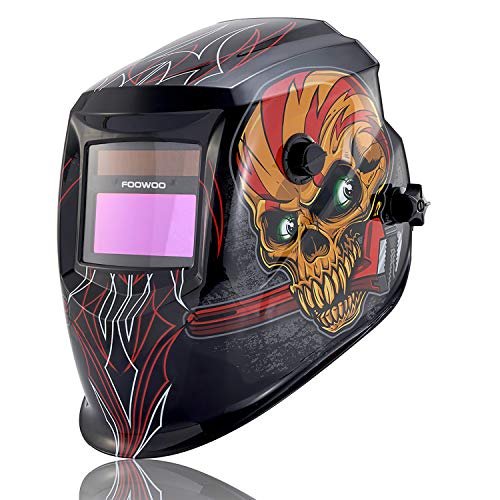 Product Cover FOOWOO Solar Powered Welding Helmet Auto Darkening Hood with Adjustable Shade Range 4/9-13 for Mig Tig Arc Plasma, Professiona Welder Mask, 1CR2032 Lithium Replacement Battery Included Skull Design