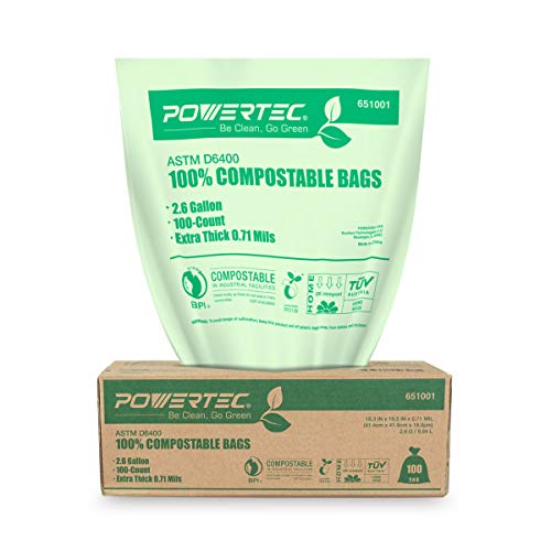 Product Cover POWERTEC ASTM D6400 Certified Compostable Bags - 100 Count | 9.84 Liter - 2.6 Gallon Trash Bags, 0.71 Mil, US BPI and European OK Compost Home Certification - 100% Sustainable Green Products