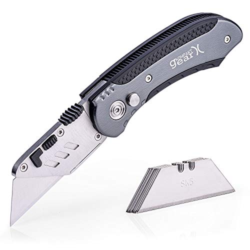 Product Cover KompaktGear Utility Knife - Box Cutter Knife Heavy Duty Razor Knife Premium Cutter with Holster Lightweight Aluminum Razor Knife Multifunctional Retractable Cutter with Replacement Blades