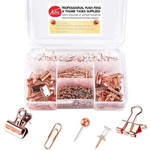 Product Cover Push Pins Binder Clips Paper Clips Map Tacks Sets, 5 Styles 396 Pcs Rose Gold Pack for Office, School and Home Supplies (Pin and Clips)